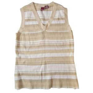 Merona Striped Sleeveless Tank Top Womens Medium Tan White Brown V Neck